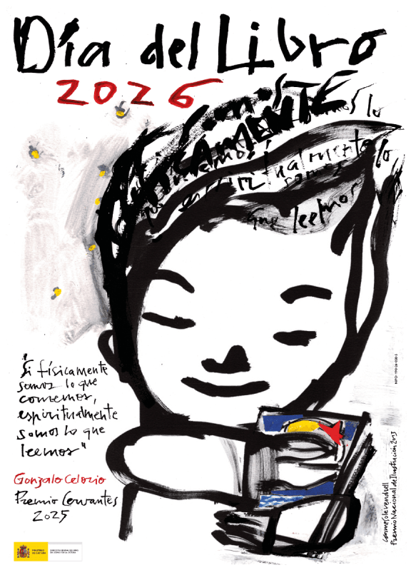 Cartel del Día del Libro 2026 Gonzalo Celorio Premio Cervantes 2025