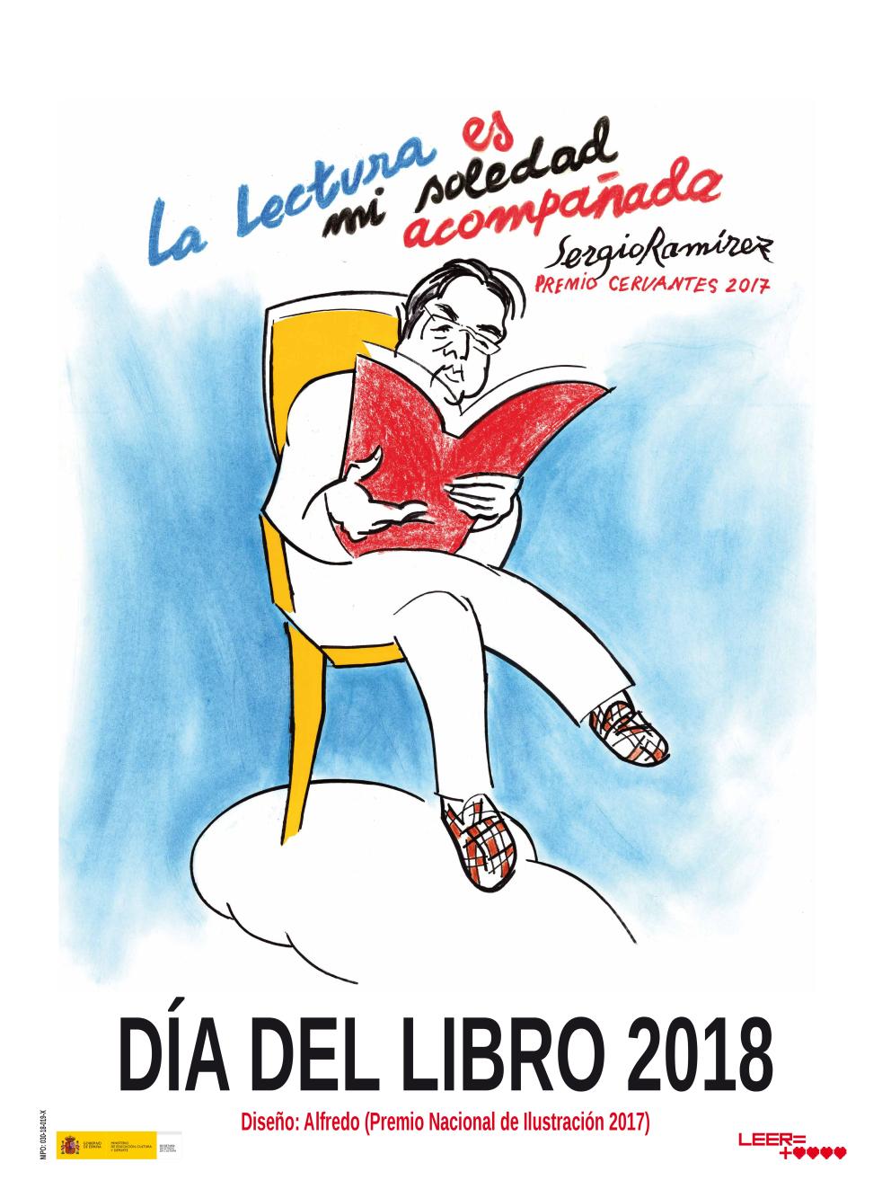 Cartel Día del Libro 2018 La Lectura es mi soledad acompañada, Sergio Ramirez Premio Cervantes 2017 - España - Observatorio de la Lectura y el Libro